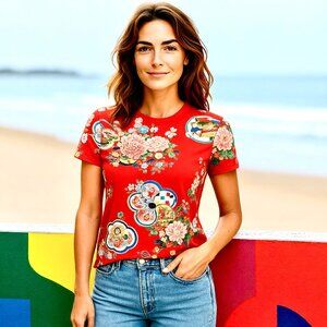 Vintage Floral Orange Short Sleeve Top Made in France Womens 31 Stretch …